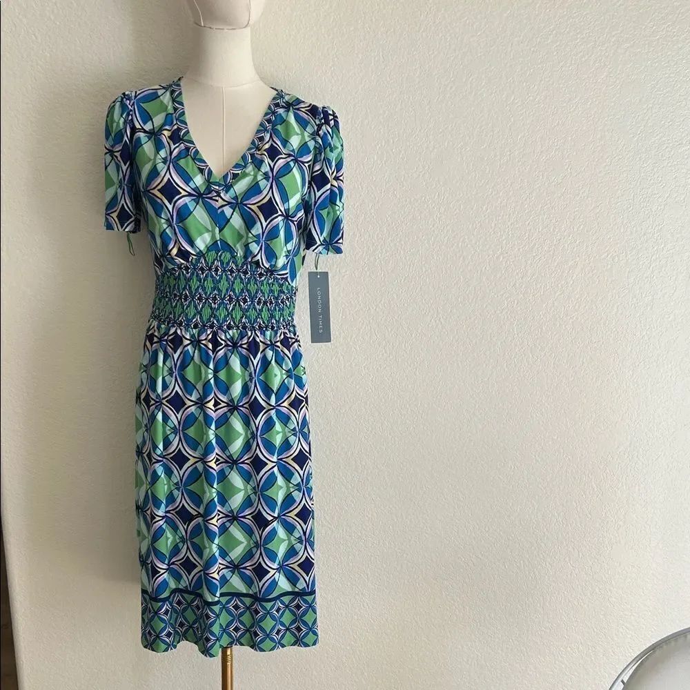 London Times geometric pattern Green /Blue dress size size Small. New with tags.